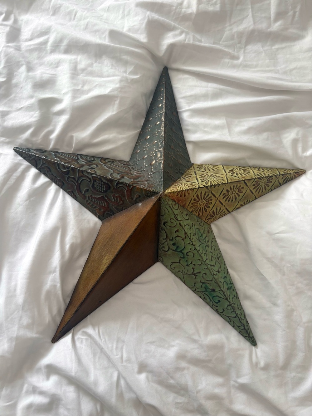 Vintage boho eclectic patchwork nautical star large metal tin home decor wall